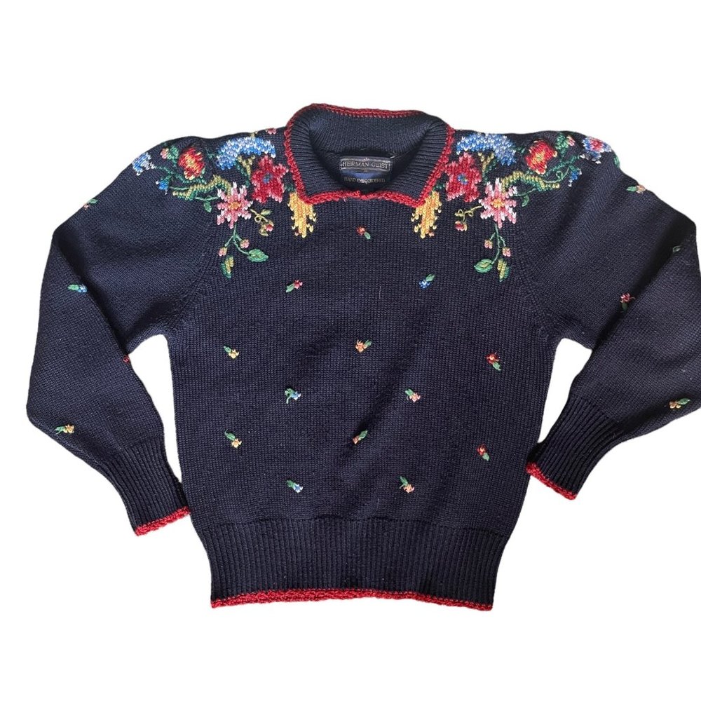Herman Geist Hand Embroidered Wool Blend Navy Puff Sleeve Sweater Medium